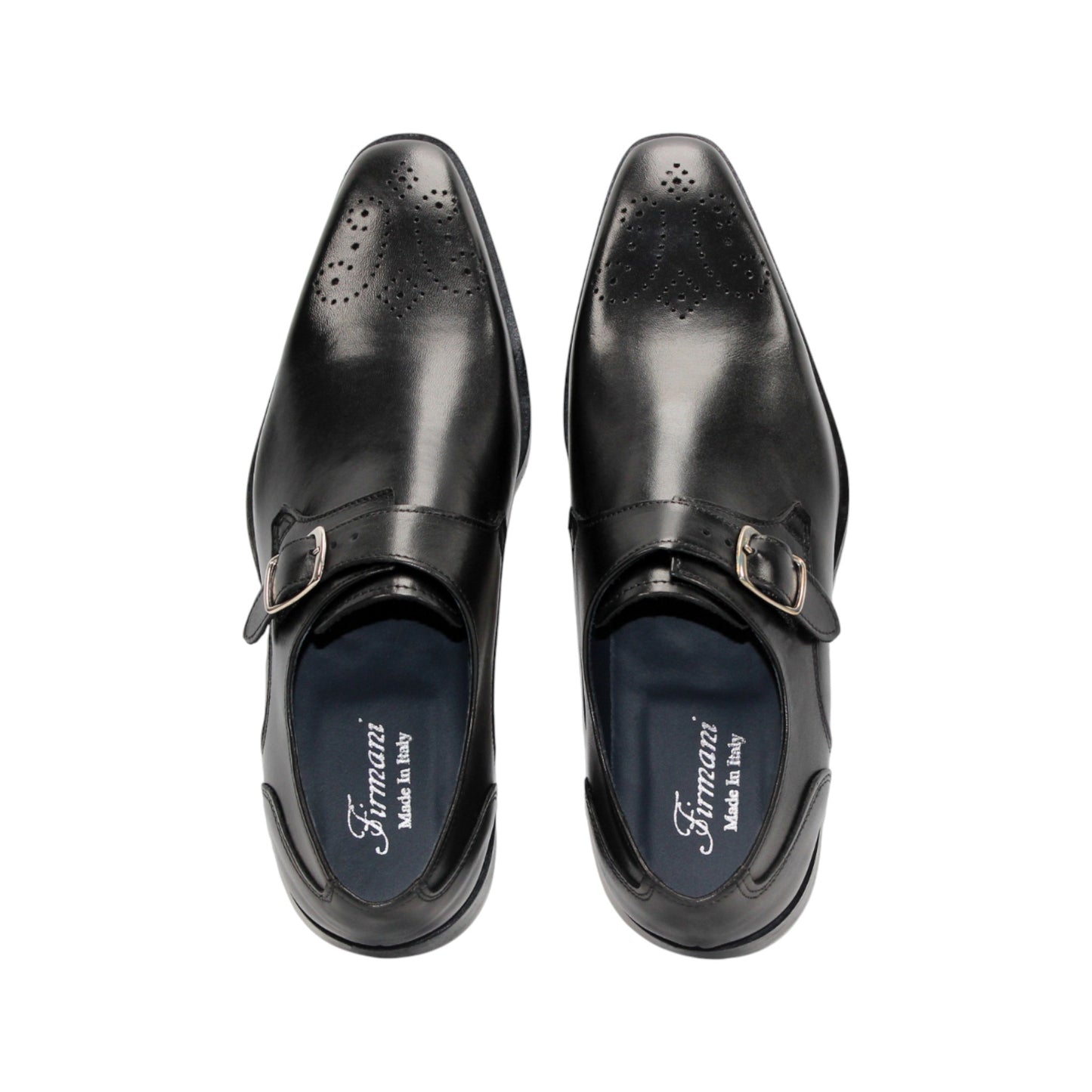 The Firmani Duncan Black by Firmani is a black Italian leather dress shoe featuring a single silver buckle strap and perforated toe detailing, displayed in side view against a white background.