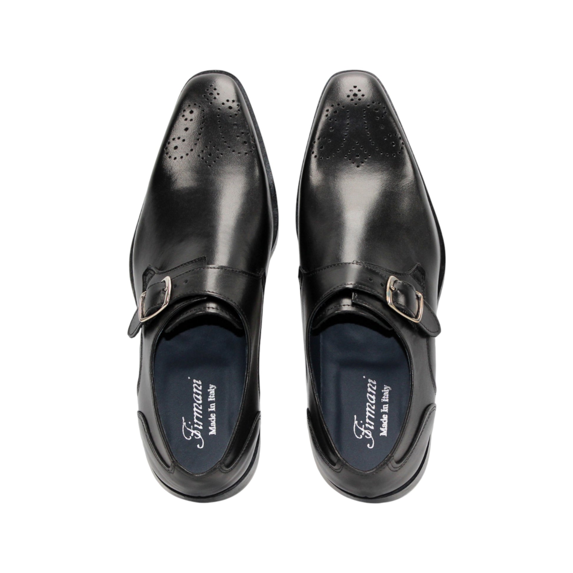 The Firmani Duncan Black by Firmani is a black Italian leather dress shoe featuring a single silver buckle strap and perforated toe detailing, displayed in side view against a white background.