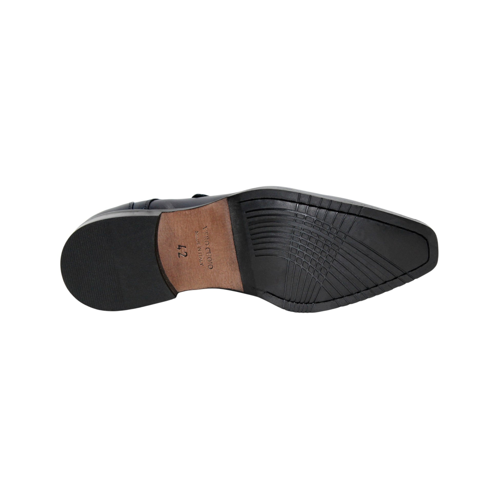 The Firmani Duncan Navy by Firmani is a navy genuine leather monk strap dress shoe with a silver buckle, low heel, and perforated toe detailing, displayed against a white background.