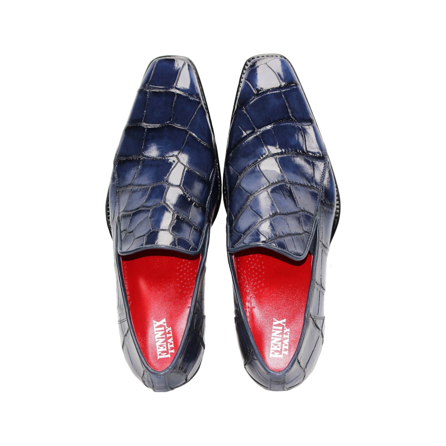 The Fennix Dustin Navy loafer by Fennix of Italy features genuine navy alligator leather with a crocodile pattern and low heel, highlighting Italian craftsmanship, shown on a white background.