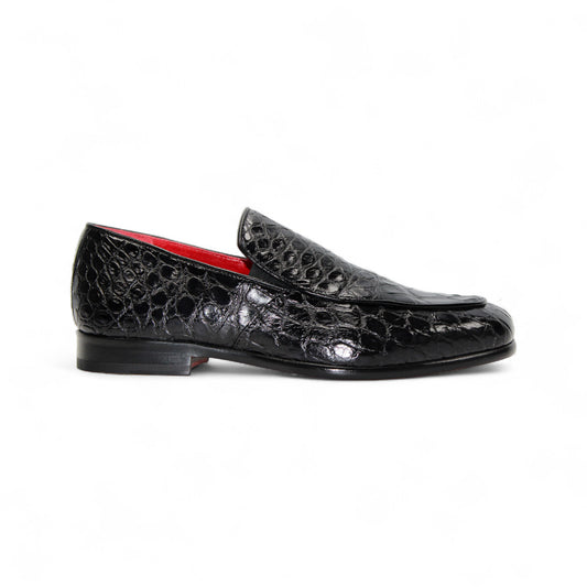 The Fennix Easton Black by Fennix of Italy is a luxury loafer in genuine alligator leather, with a textured black finish, red interior, and fine Italian craftsmanship. Shown in profile on a white background.