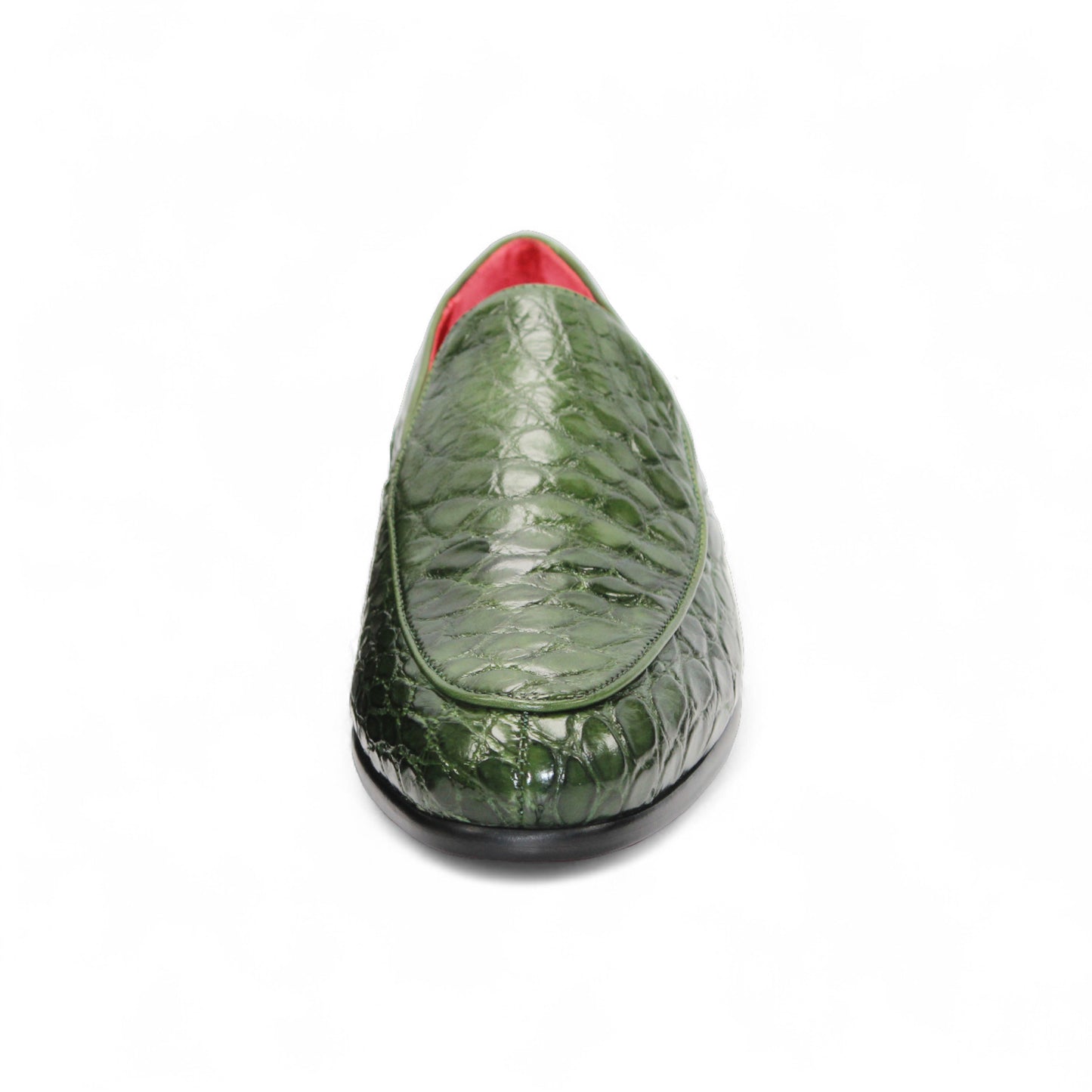 The Fennix of Italy Fennix Easton Green is a green crocodile-patterned leather loafer with Italian craftsmanship, a black sole, and red interior, displayed in side profile on a white background.