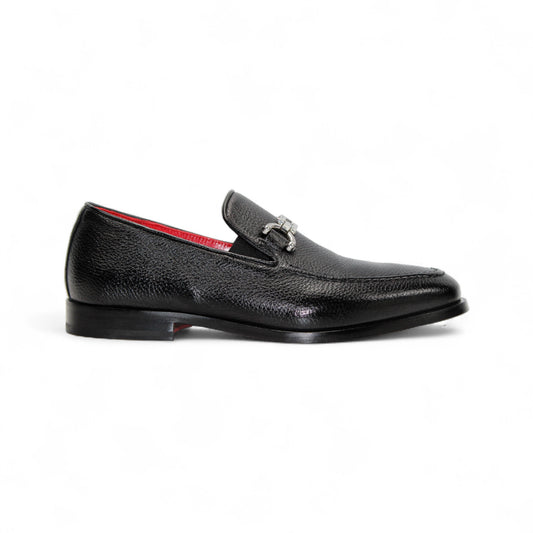 The Emilio Franco Edgardo Black is a men’s loafer crafted from black deerskin leather with a metal horsebit detail and red interior, showcased on a white background—luxury footwear by Emilio Franco.