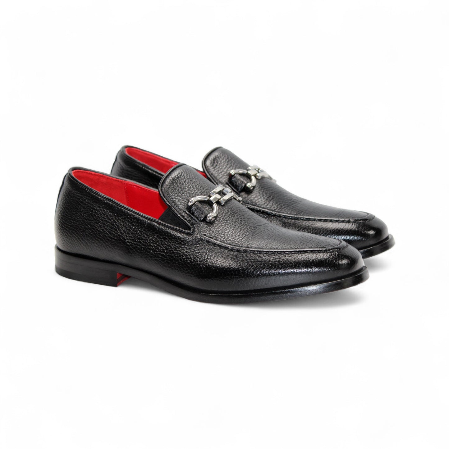 The Emilio Franco Edgardo Black is a men’s loafer crafted from black deerskin leather with a metal horsebit detail and red interior, showcased on a white background—luxury footwear by Emilio Franco.