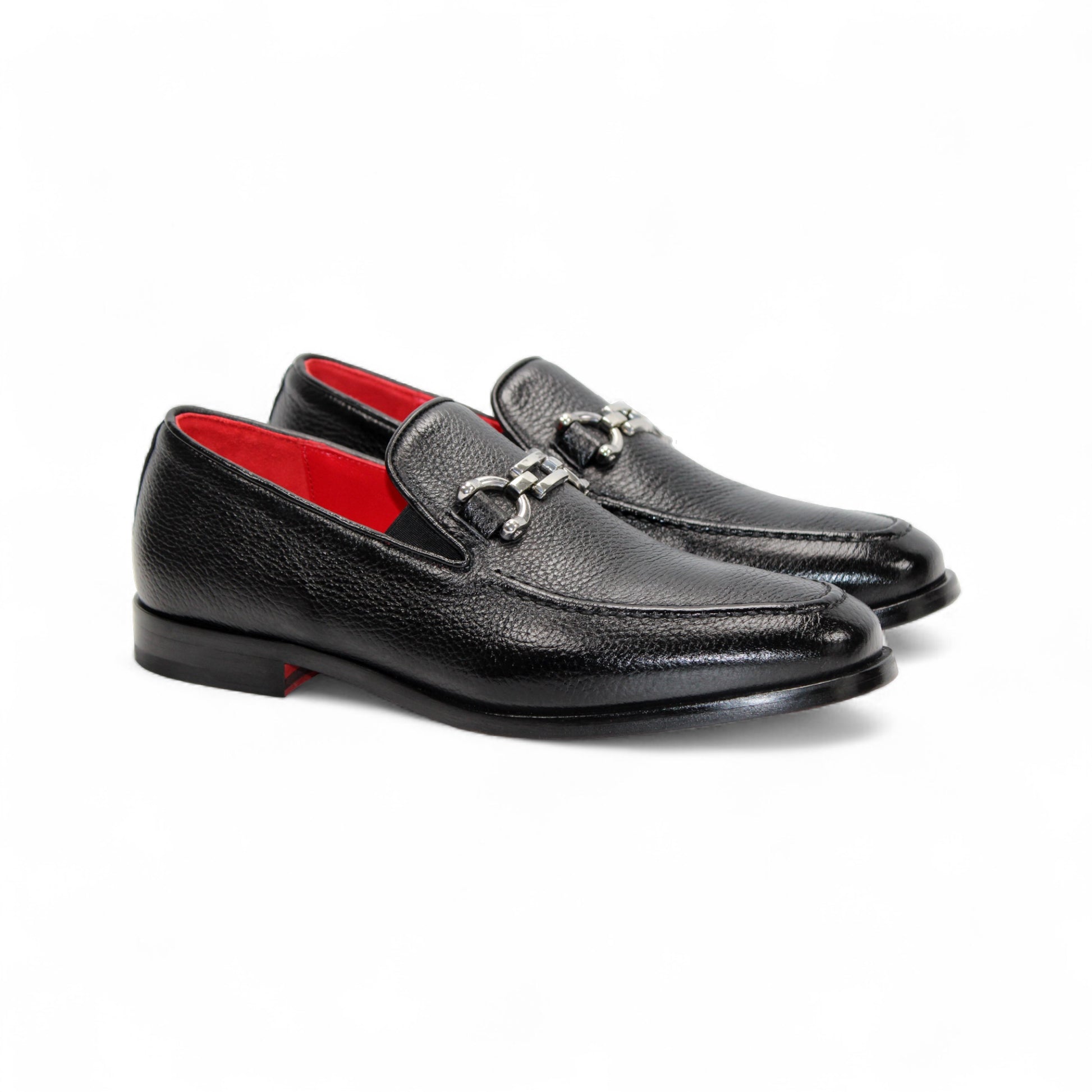 The Emilio Franco Edgardo Black is a men’s loafer crafted from black deerskin leather with a metal horsebit detail and red interior, showcased on a white background—luxury footwear by Emilio Franco.