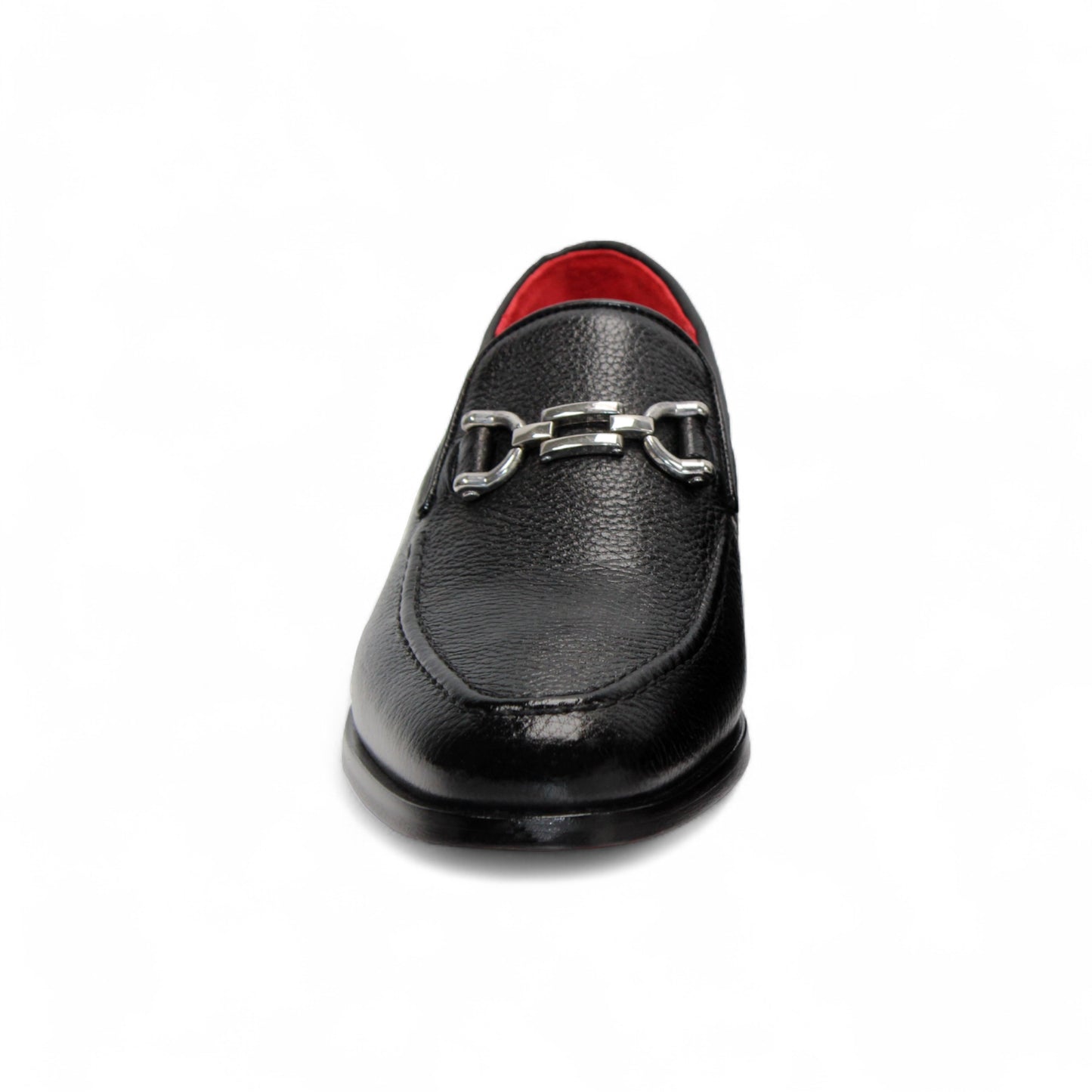The Emilio Franco Edgardo Black is a men’s loafer crafted from black deerskin leather with a metal horsebit detail and red interior, showcased on a white background—luxury footwear by Emilio Franco.