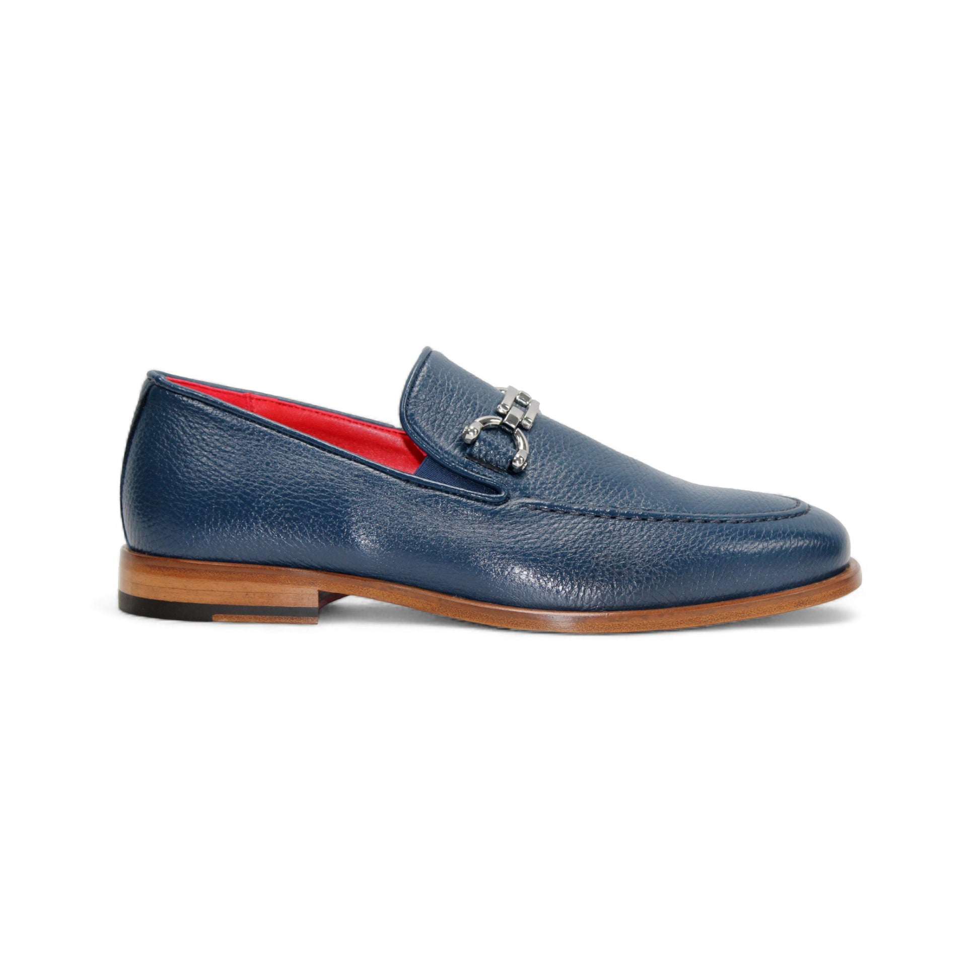 The Emilio Franco Edgardo Jeans is a blue Italian deer skin leather loafer with a wooden sole, metal bit detail, and red interior lining, displayed in profile on a white background. Handcrafted in Italy by Emilio Franco for luxury footwear enthusiasts.