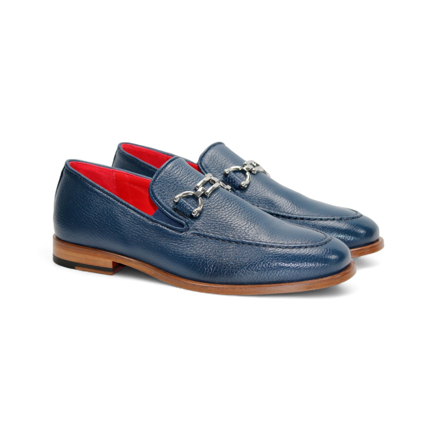 The Emilio Franco Edgardo Jeans is a blue Italian deer skin leather loafer with a wooden sole, metal bit detail, and red interior lining, displayed in profile on a white background. Handcrafted in Italy by Emilio Franco for luxury footwear enthusiasts.