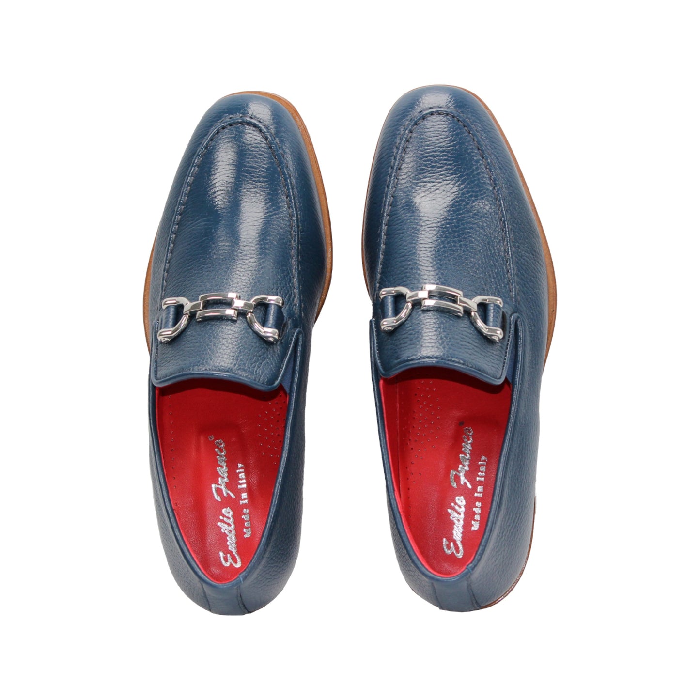 The Emilio Franco Edgardo Jeans is a blue Italian deer skin leather loafer with a wooden sole, metal bit detail, and red interior lining, displayed in profile on a white background. Handcrafted in Italy by Emilio Franco for luxury footwear enthusiasts.