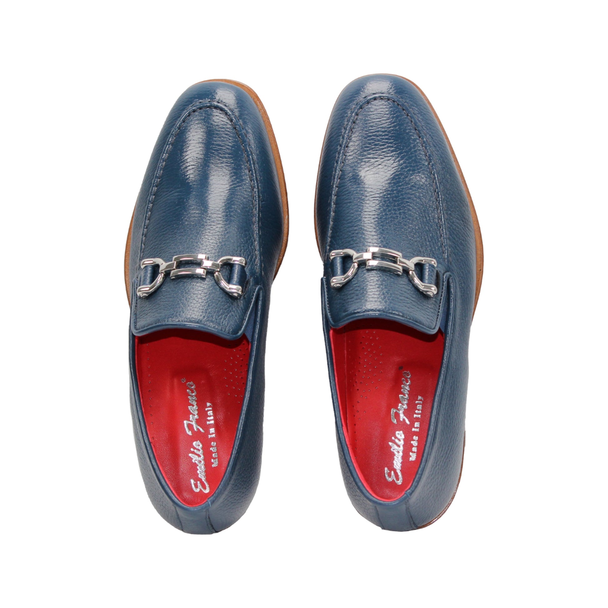 The Emilio Franco Edgardo Jeans is a blue Italian deer skin leather loafer with a wooden sole, metal bit detail, and red interior lining, displayed in profile on a white background. Handcrafted in Italy by Emilio Franco for luxury footwear enthusiasts.