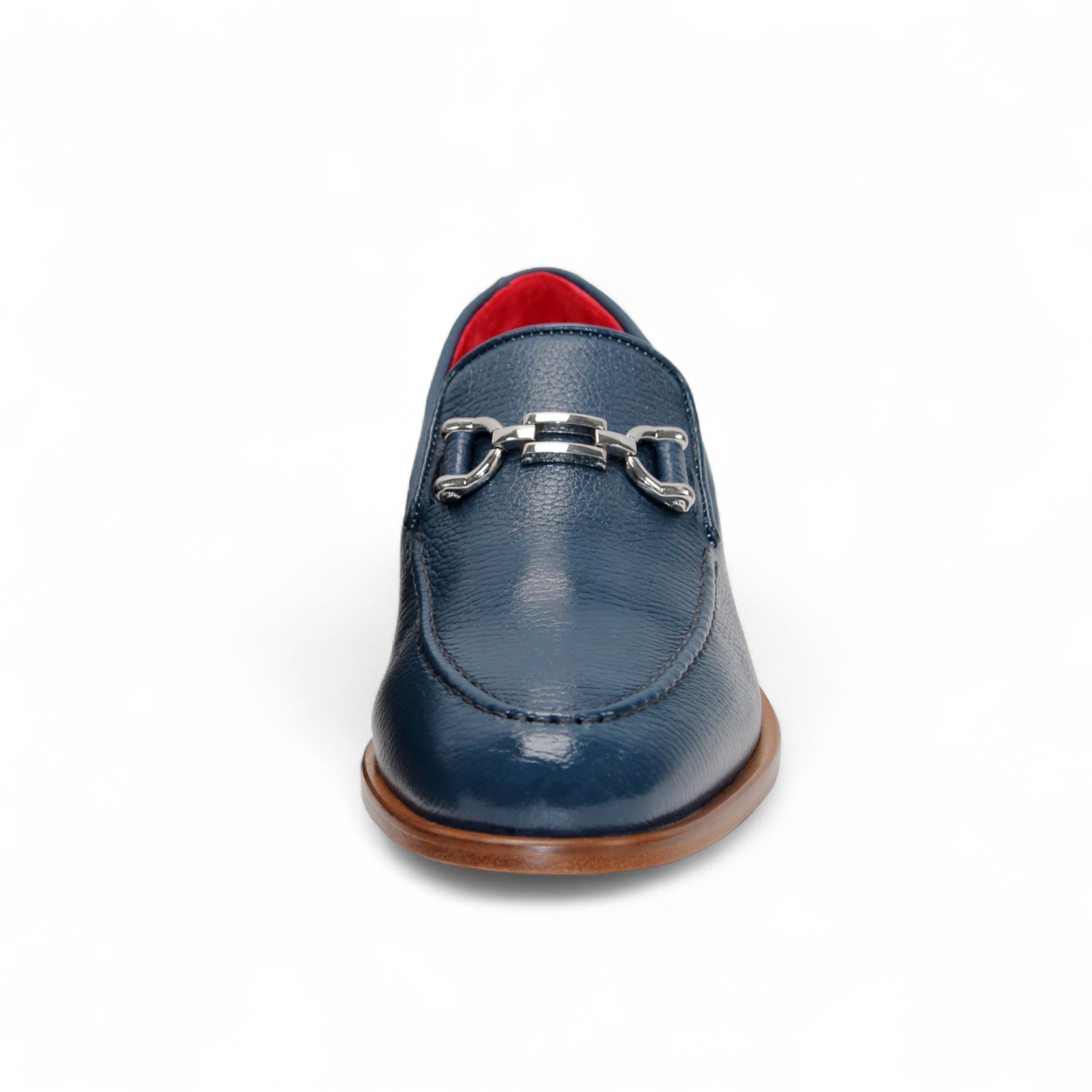 The Emilio Franco Edgardo Jeans is a blue Italian deer skin leather loafer with a wooden sole, metal bit detail, and red interior lining, displayed in profile on a white background. Handcrafted in Italy by Emilio Franco for luxury footwear enthusiasts.