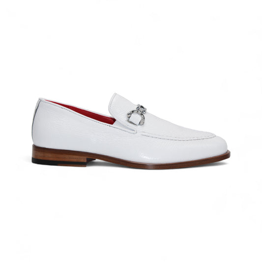 The Emilio Franco Edgardo White is a handcrafted Italian loafer in white leather, featuring a silver buckle, red inner lining, and brown wooden sole. Shown in side profile on a white background.