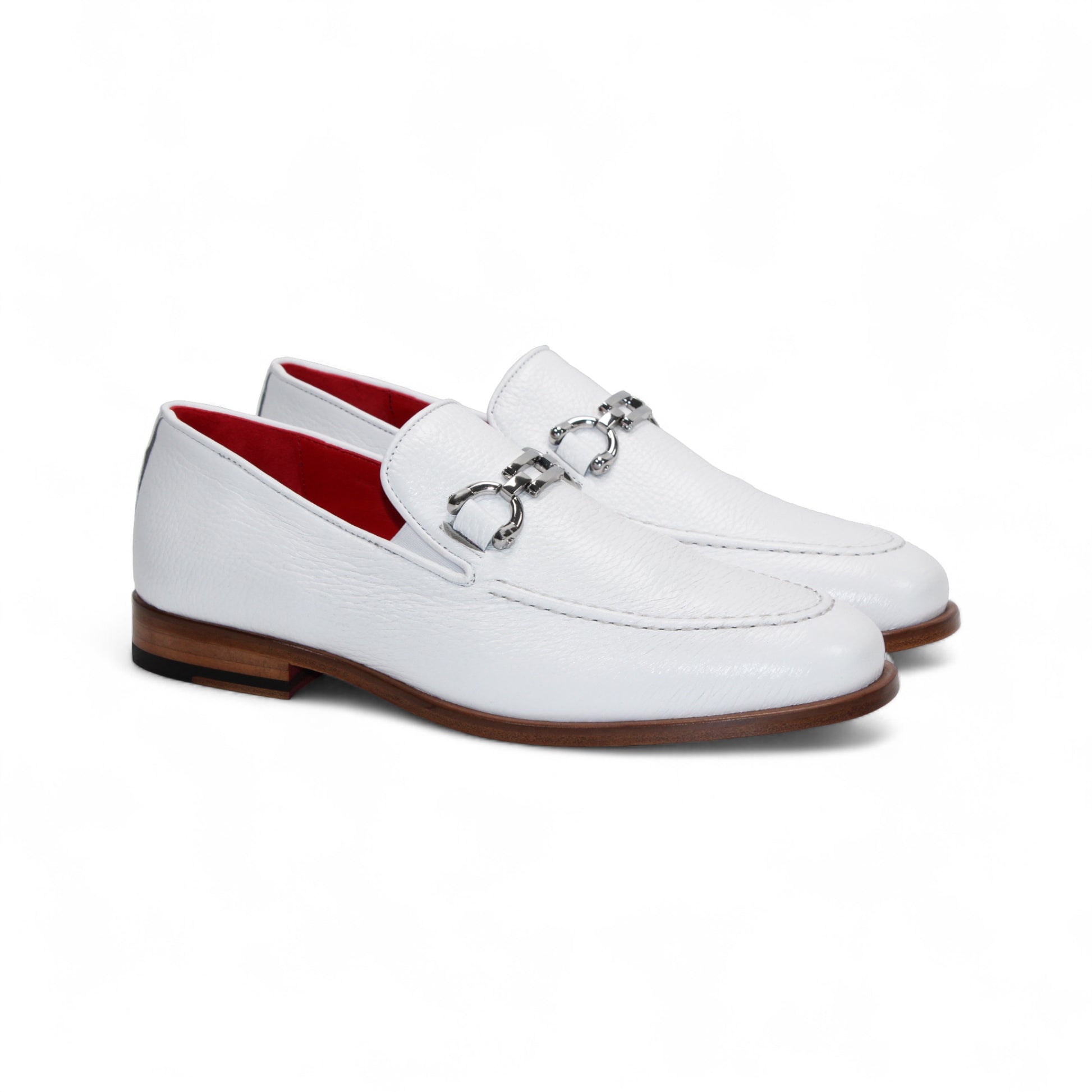 The Emilio Franco Edgardo White is a handcrafted Italian loafer in white leather, featuring a silver buckle, red inner lining, and brown wooden sole. Shown in side profile on a white background.