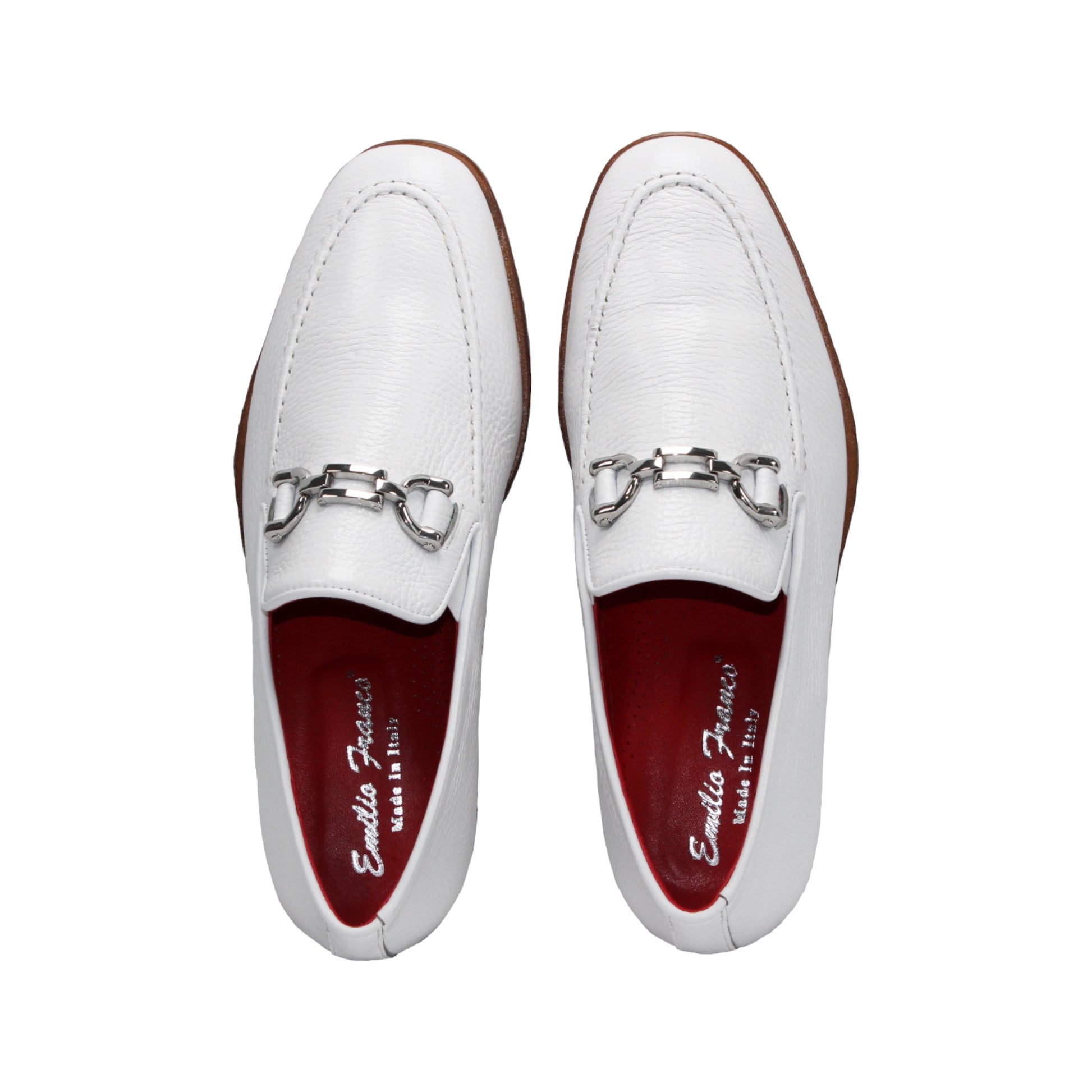 The Emilio Franco Edgardo White is a handcrafted Italian loafer in white leather, featuring a silver buckle, red inner lining, and brown wooden sole. Shown in side profile on a white background.