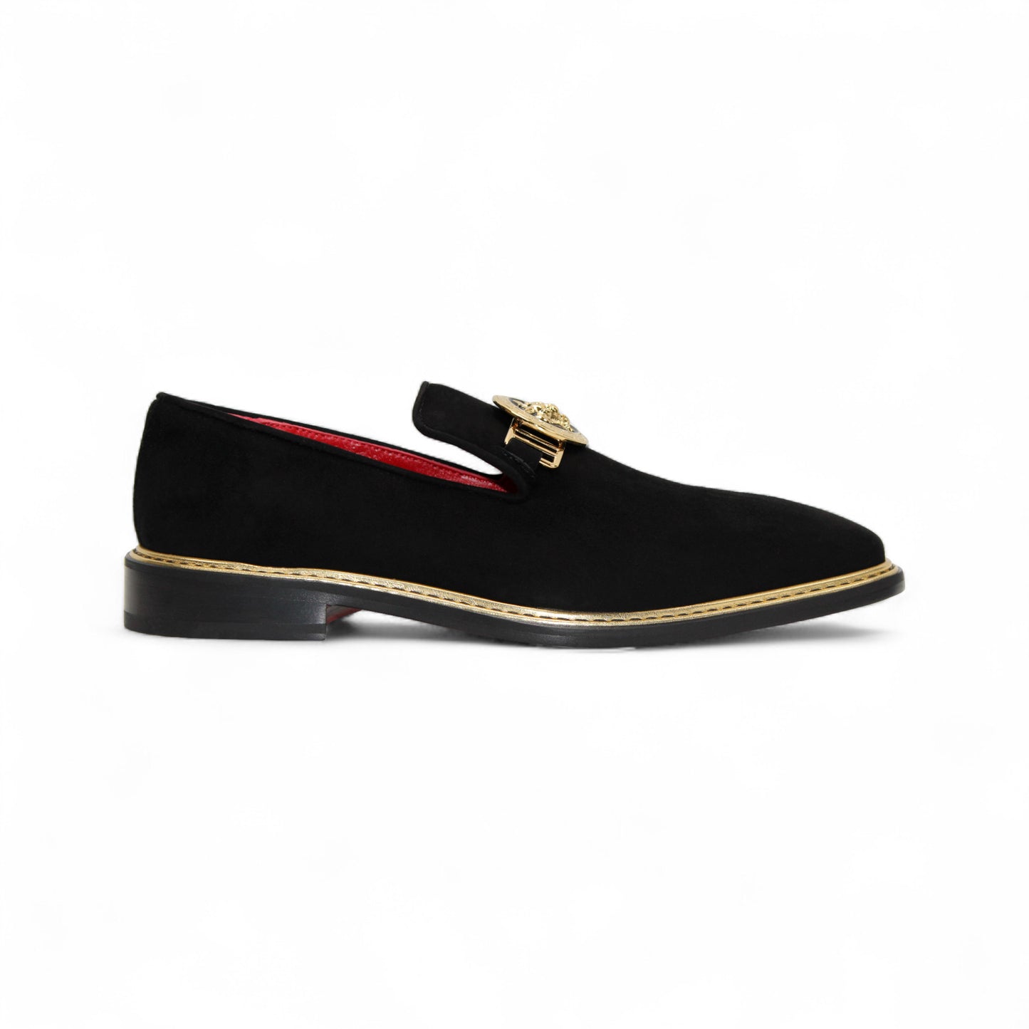 The Emilio Franco Couture EF102 Black/Gold loafer features black Italian suede, gold hardware on the upper, a low heel, red interior lining, and contrasting stitching around the premium leather sole.