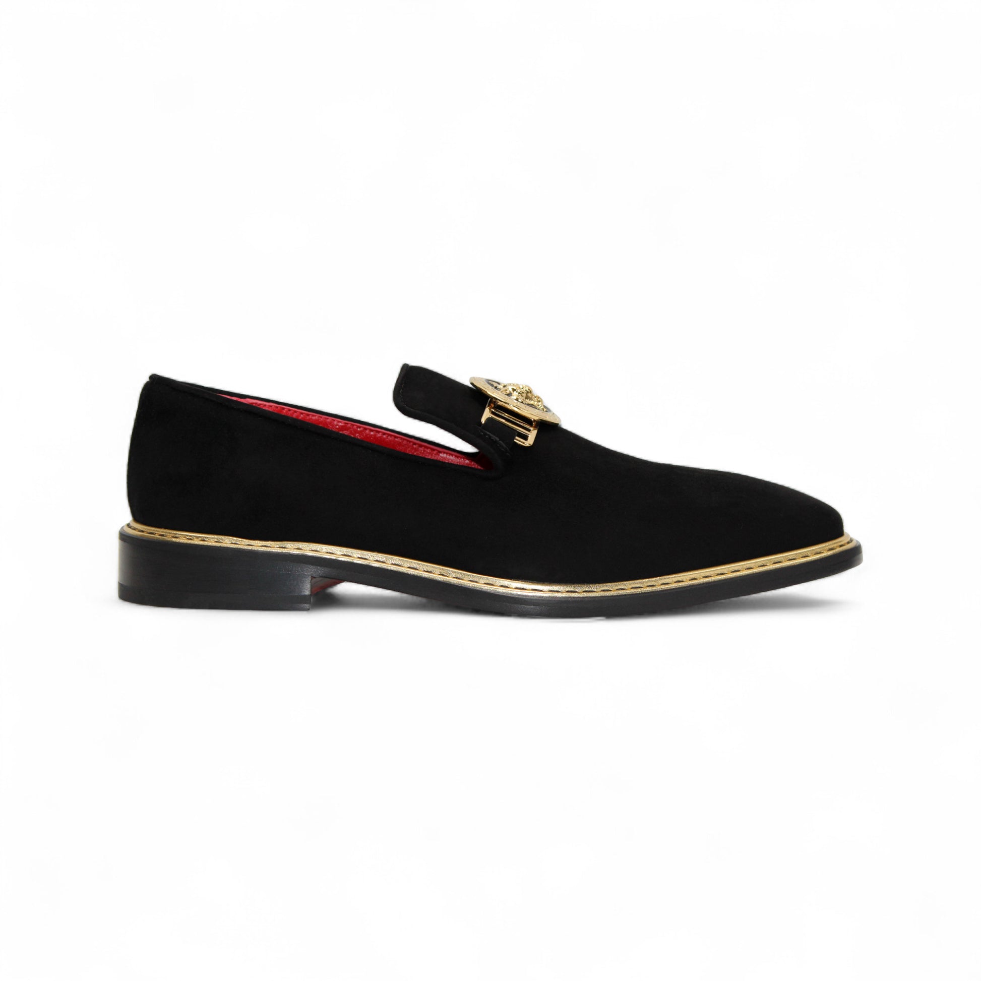The Emilio Franco Couture EF102 Black/Gold loafer features black Italian suede, gold hardware on the upper, a low heel, red interior lining, and contrasting stitching around the premium leather sole.