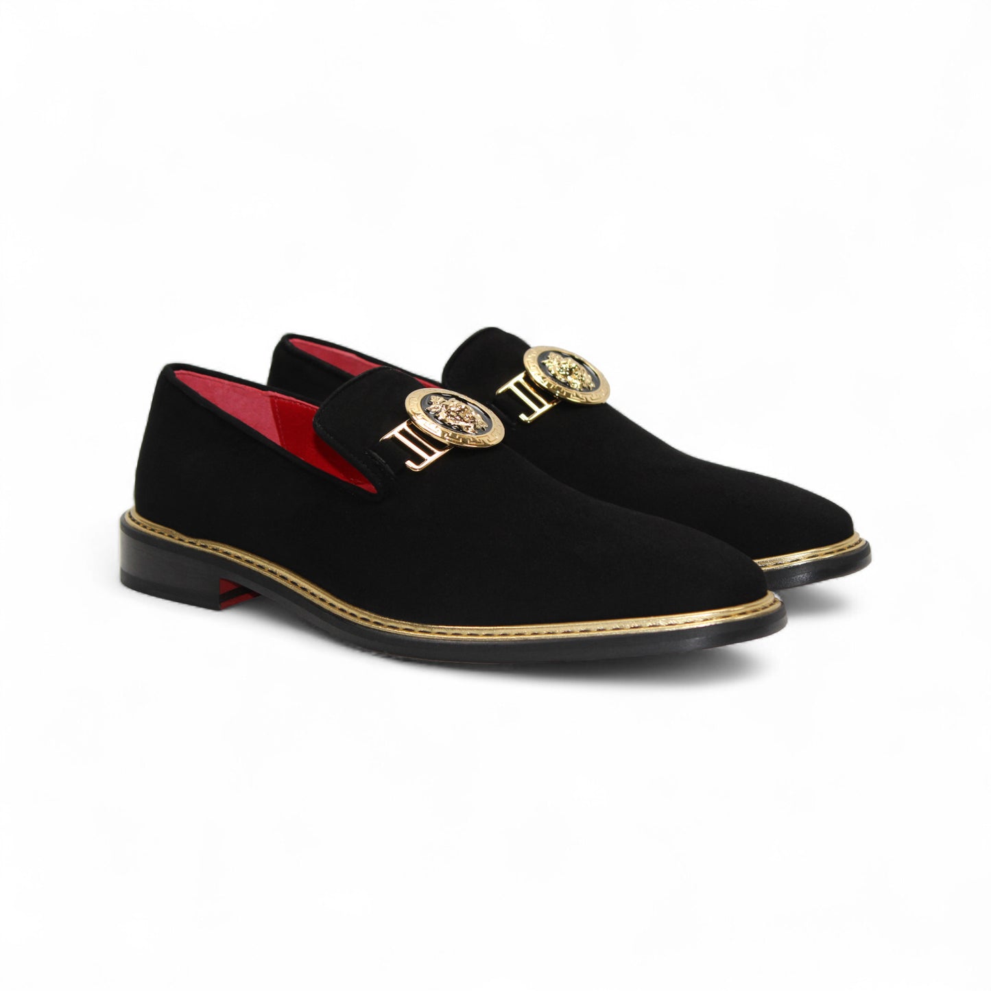 The Emilio Franco Couture EF102 Black/Gold loafer features black Italian suede, gold hardware on the upper, a low heel, red interior lining, and contrasting stitching around the premium leather sole.