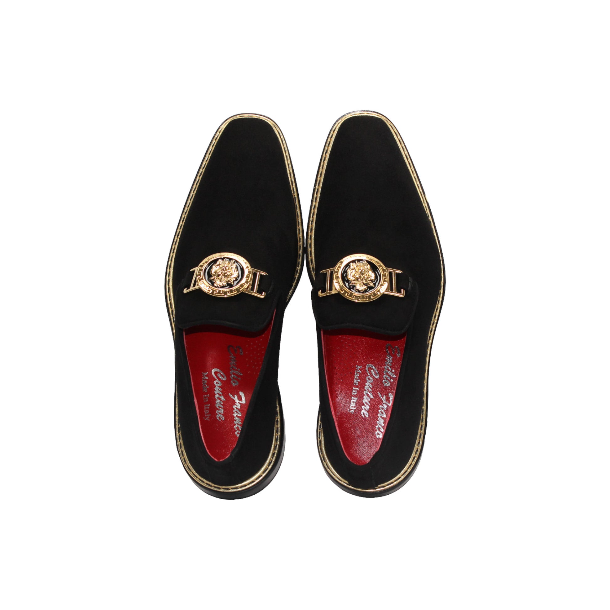 The Emilio Franco Couture EF102 Black/Gold loafer features black Italian suede, gold hardware on the upper, a low heel, red interior lining, and contrasting stitching around the premium leather sole.