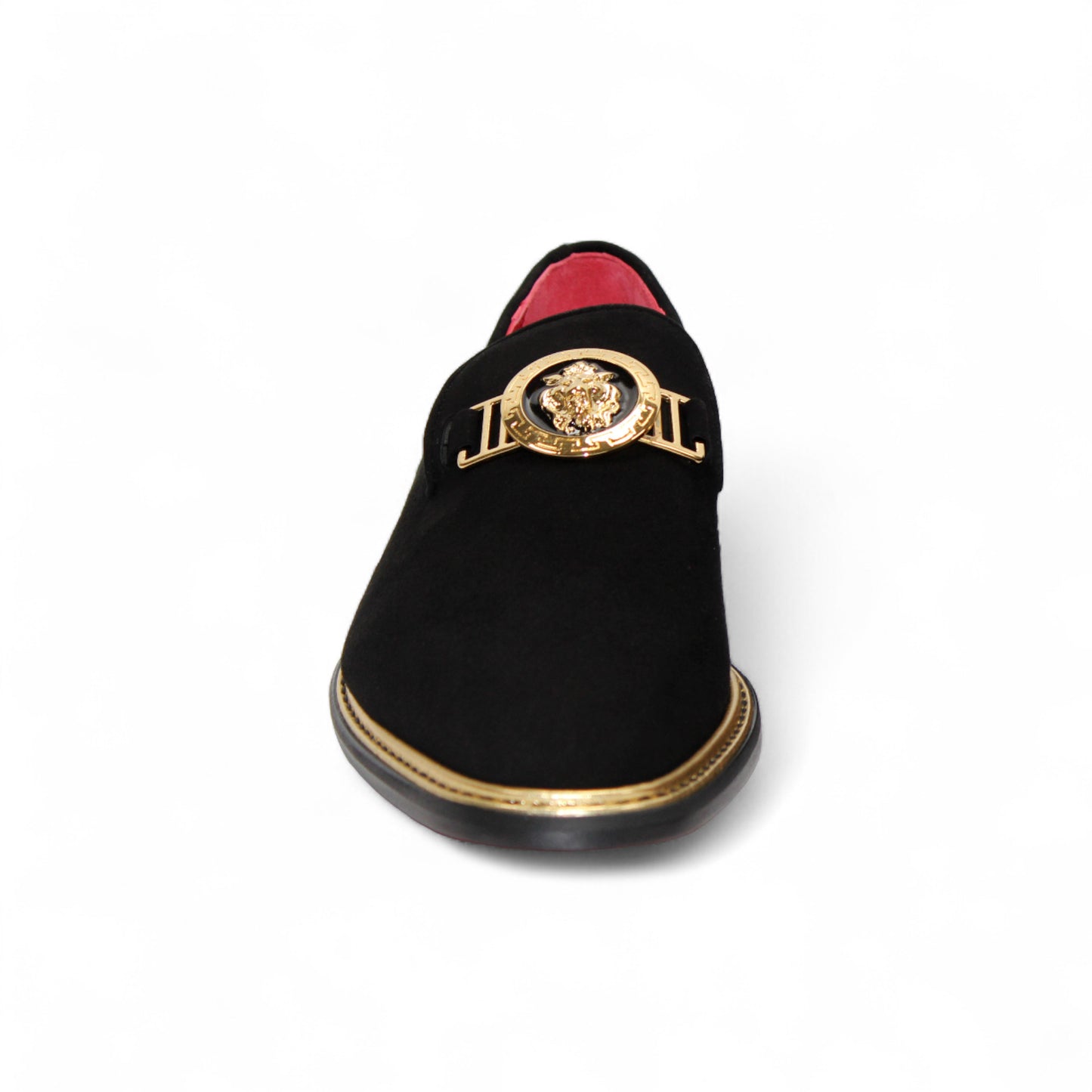 The Emilio Franco Couture EF102 Black/Gold loafer features black Italian suede, gold hardware on the upper, a low heel, red interior lining, and contrasting stitching around the premium leather sole.