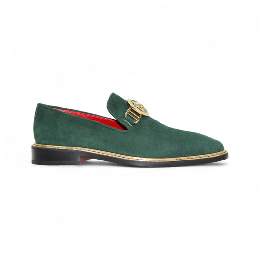 The Emilio Franco Couture "EF102" green shoes are Italian-made suede loafers with a gold buckle, red interior lining, and black sole, shown on a white background.