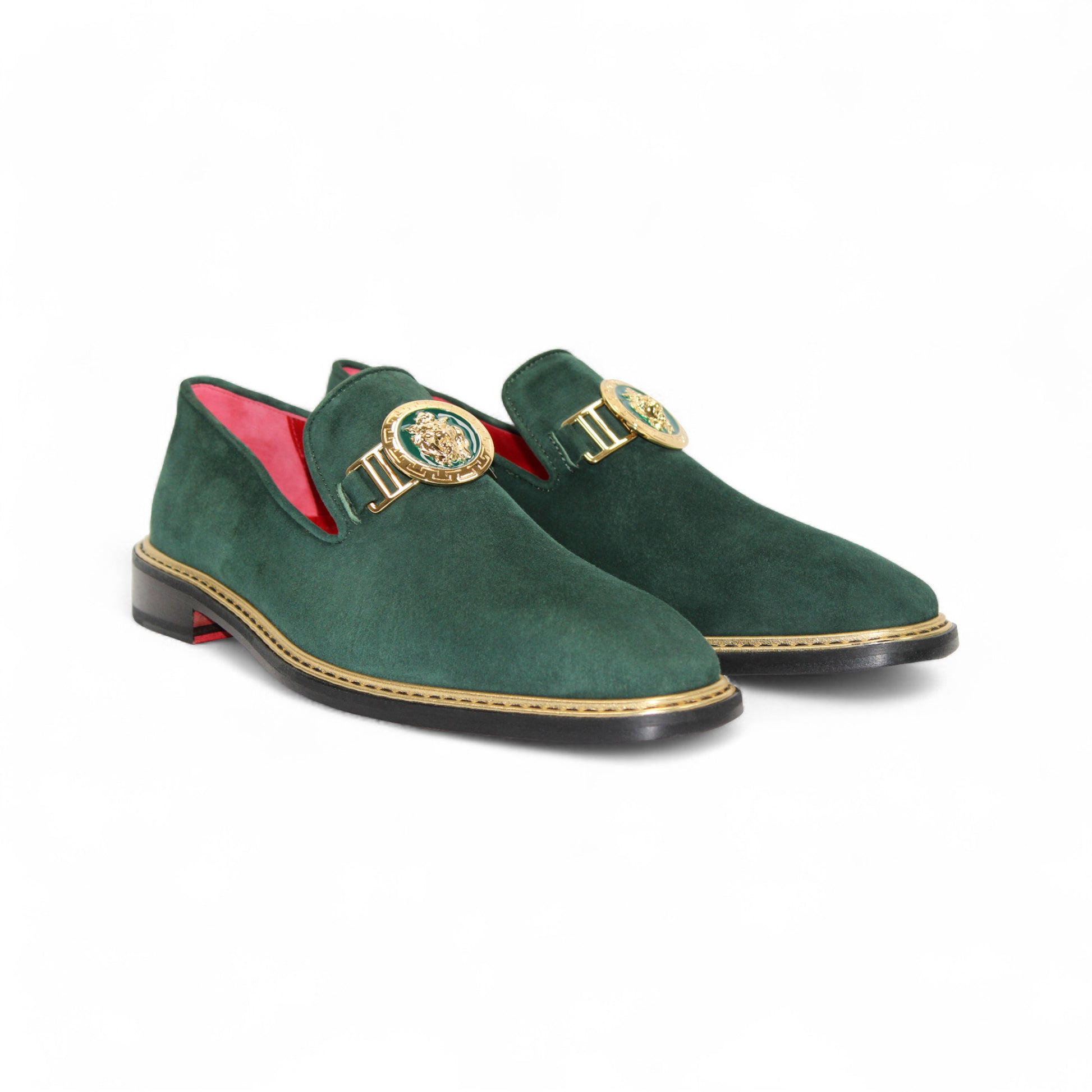 The Emilio Franco Couture EF102 Green/Gold loafer features green Italian suede, gold hardware with a decorative buckle, red inner lining, and a black sole, shown in side profile on a white background.
