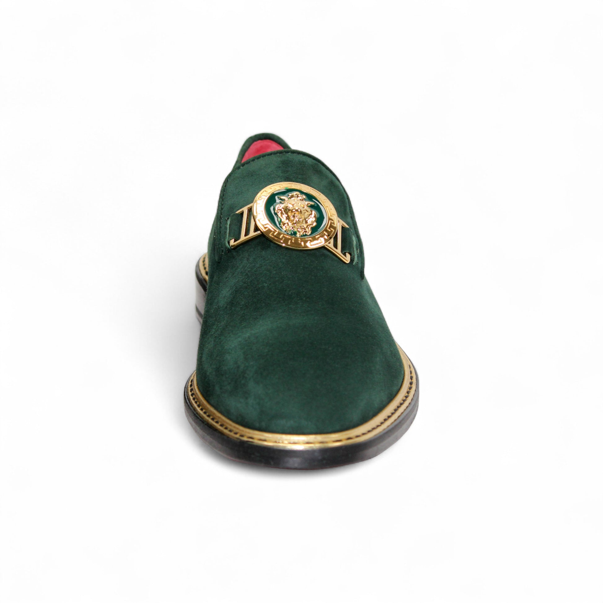 The Emilio Franco Couture EF102 Green/Gold loafer features green Italian suede, gold hardware with a decorative buckle, red inner lining, and a black sole, shown in side profile on a white background.