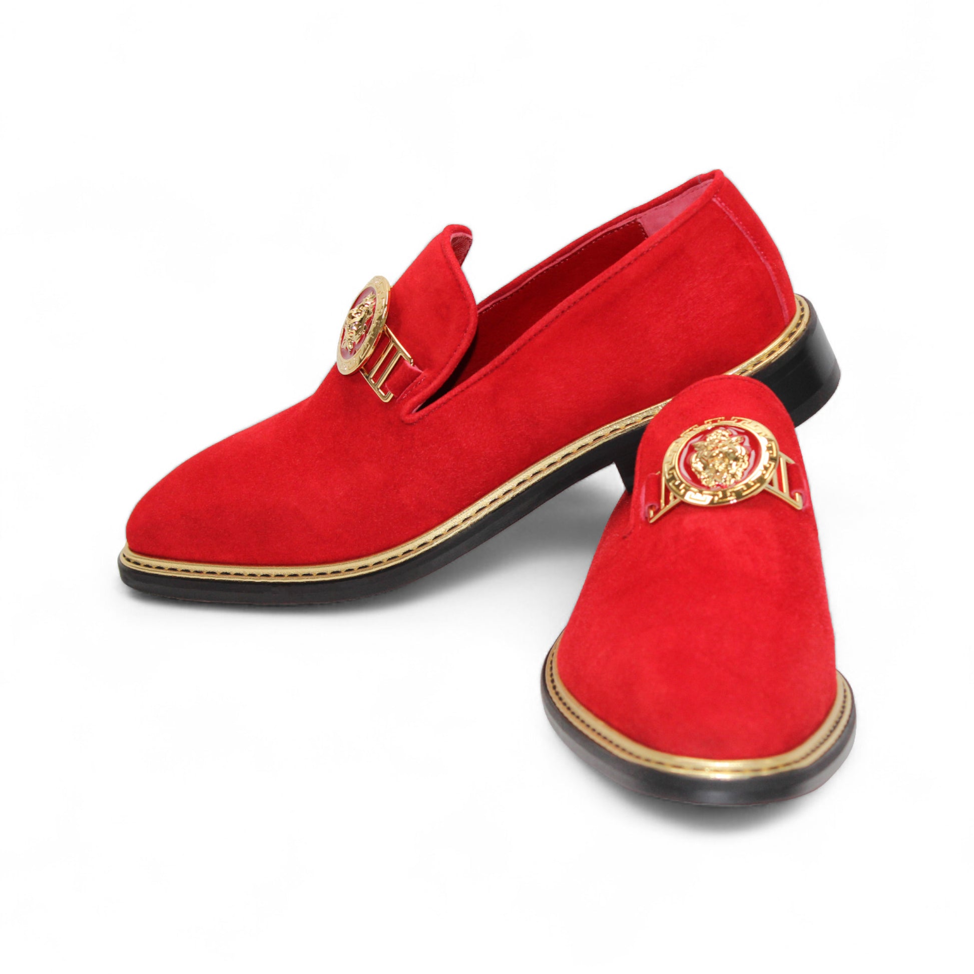 The Emilio Franco Couture EF102 Red/Gold loafer features Italian red suede, gold hardware on the upper, a black premium leather sole, and gold trim around the edge, shown against a white background.