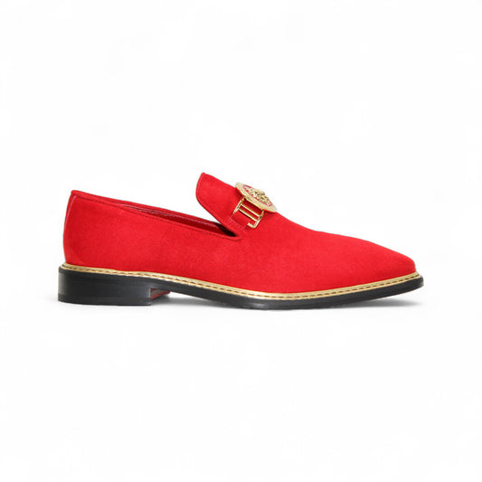 The Emilio Franco Couture "EF102" Red Shoes, crafted in Italy, feature red suede, a gold decorative buckle and trim, a black sole, and are displayed on a plain white background.