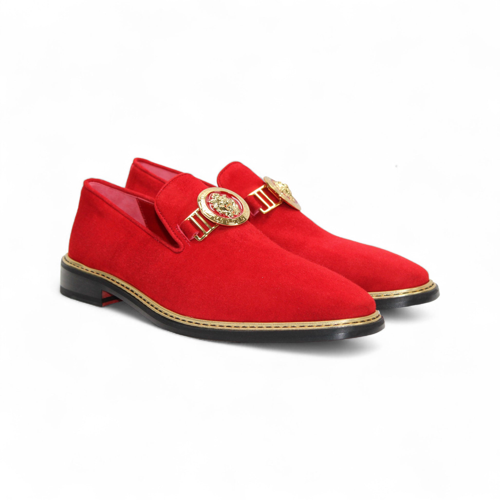 The Emilio Franco Couture EF102 Red/Gold loafer features Italian red suede, gold hardware on the upper, a black premium leather sole, and gold trim around the edge, shown against a white background.