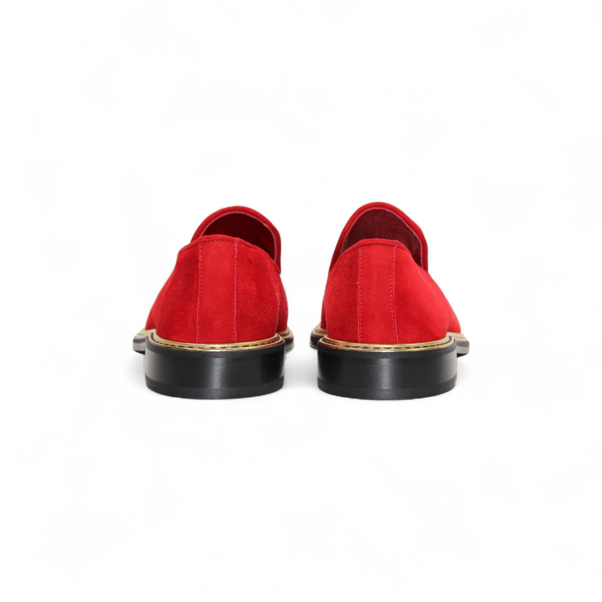The Emilio Franco Couture EF102 Red/Gold loafer features Italian red suede, gold hardware on the upper, a black premium leather sole, and gold trim around the edge, shown against a white background.
