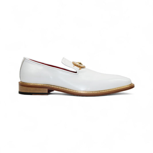 The Emilio Franco Couture "EF102" White Shoes are Italian leather loafers with a flat wooden sole and a gold emblem, displayed in side profile on a white background.