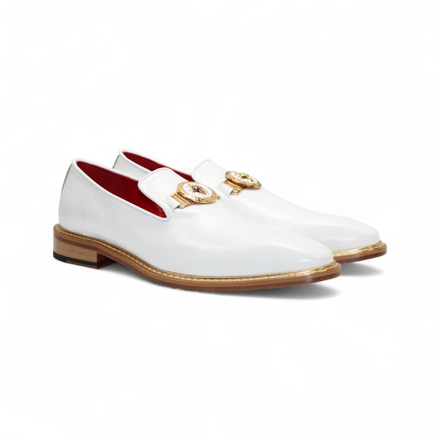 The Emilio Franco Couture EF102 White/Gold is a white leather loafer with a flat wooden sole and gold emblem on the upper, shown in left profile against a white background—a modern luxury men's shoe by Emilio Franco Couture.