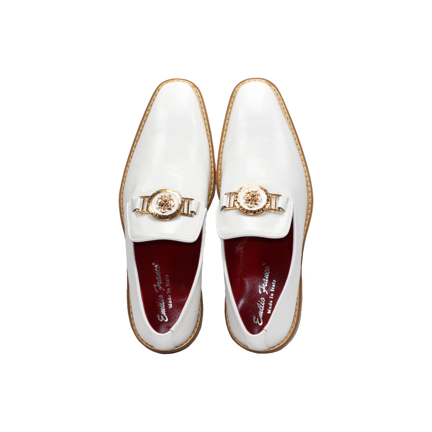 The Emilio Franco Couture EF102 White/Gold is a white leather loafer with a flat wooden sole and gold emblem on the upper, shown in left profile against a white background—a modern luxury men's shoe by Emilio Franco Couture.