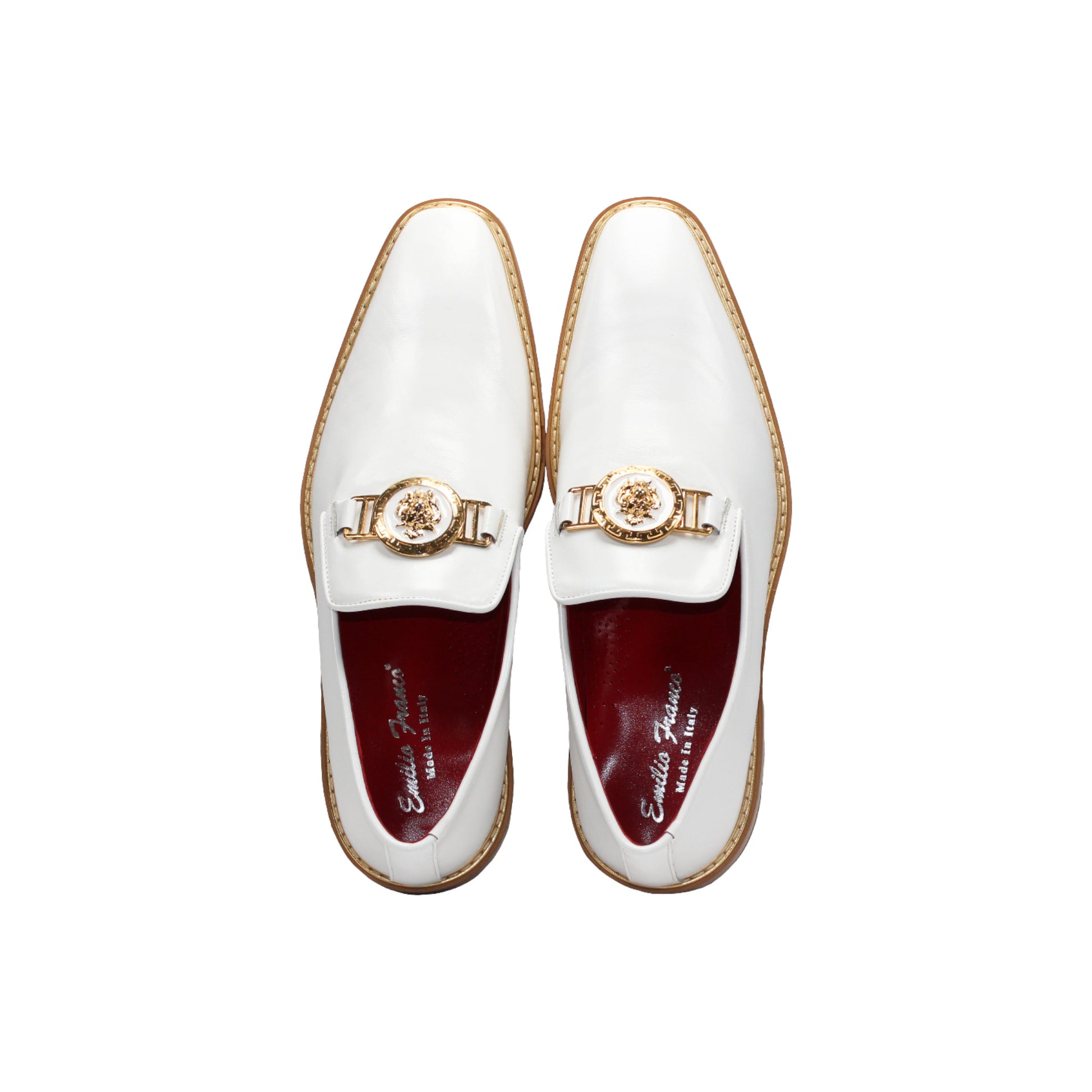 The Emilio Franco Couture EF102 White/Gold is a white leather loafer with a flat wooden sole and gold emblem on the upper, shown in left profile against a white background—a modern luxury men's shoe by Emilio Franco Couture.
