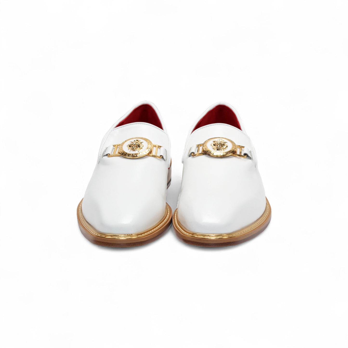 The Emilio Franco Couture EF102 White/Gold is a white leather loafer with a flat wooden sole and gold emblem on the upper, shown in left profile against a white background—a modern luxury men's shoe by Emilio Franco Couture.