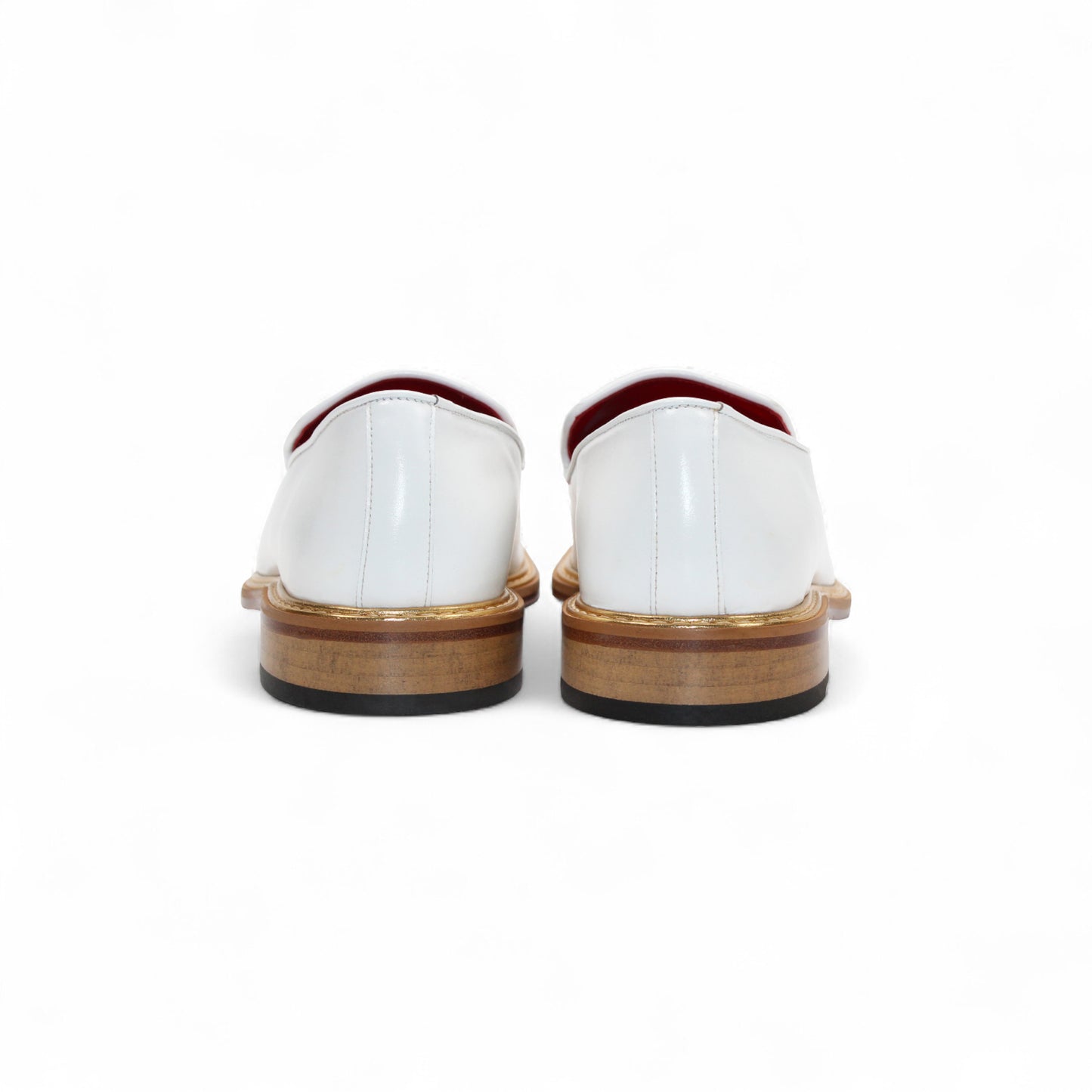 The Emilio Franco Couture EF102 White/Gold is a white leather loafer with a flat wooden sole and gold emblem on the upper, shown in left profile against a white background—a modern luxury men's shoe by Emilio Franco Couture.