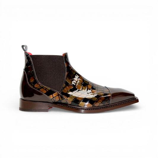 A side view of the Emilio Franco Couture EFC352 Dark Brown, a fashion-forward leather Chelsea boot featuring brown and black patterns, a low heel, and an elastic side panel.