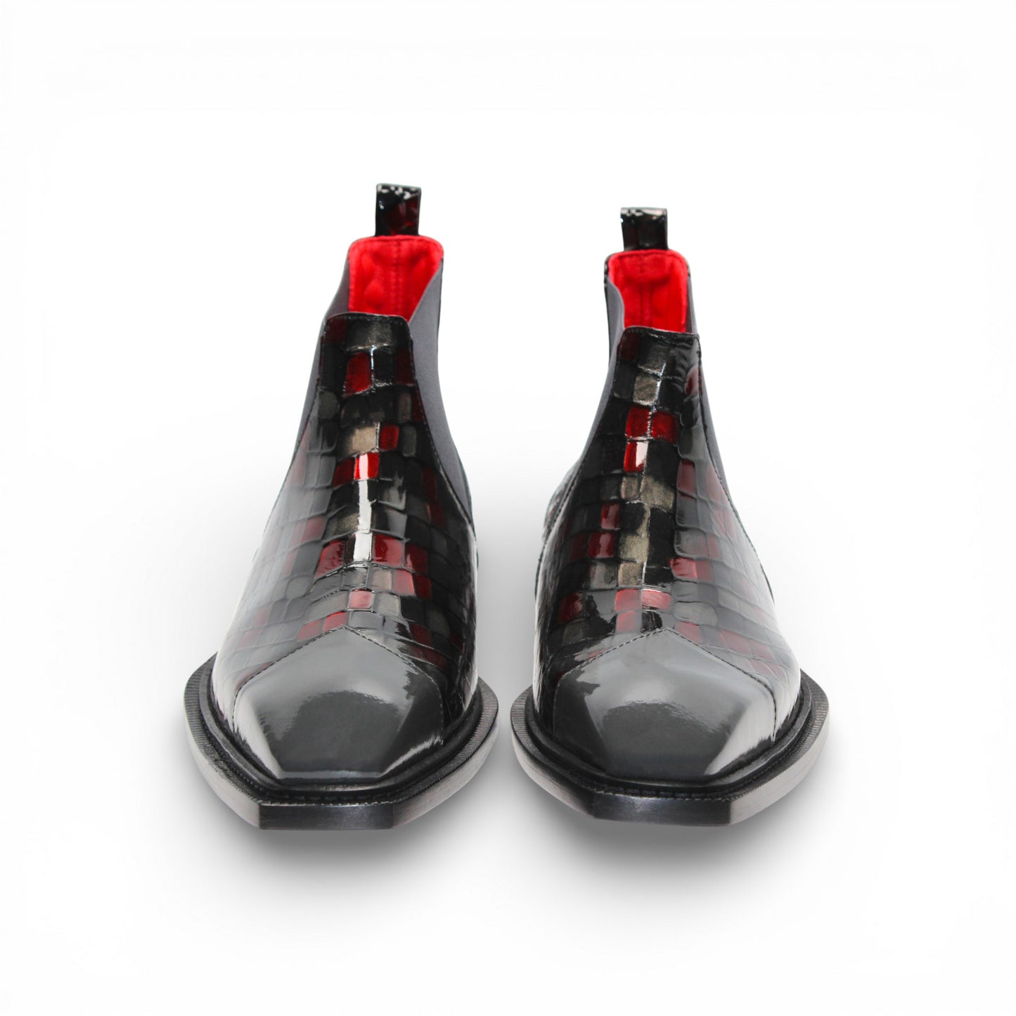 A side view of the Emilio Franco Couture EFC352 Red/Grey Chelsea boot, crafted from patent leather with a black sole, red and black checkered pattern, and an elastic gray side panel by Emilio Franco Couture.