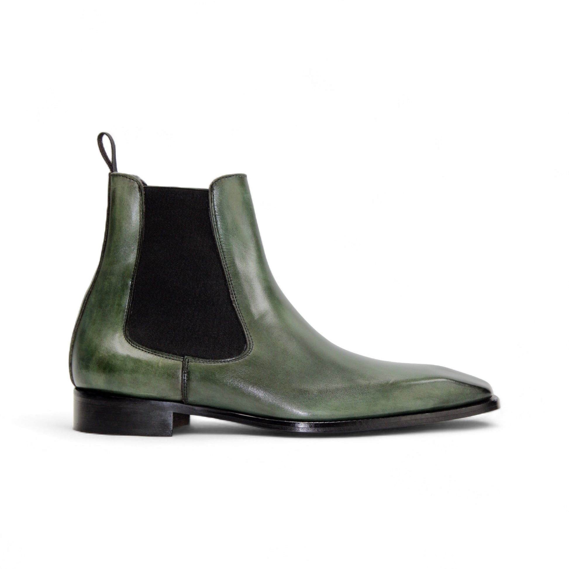 The Duca Empoli Green by Duca Di Matiste is a green genuine leather Chelsea boot with black elastic side panels and a low black heel, shown in side profile on a white background.