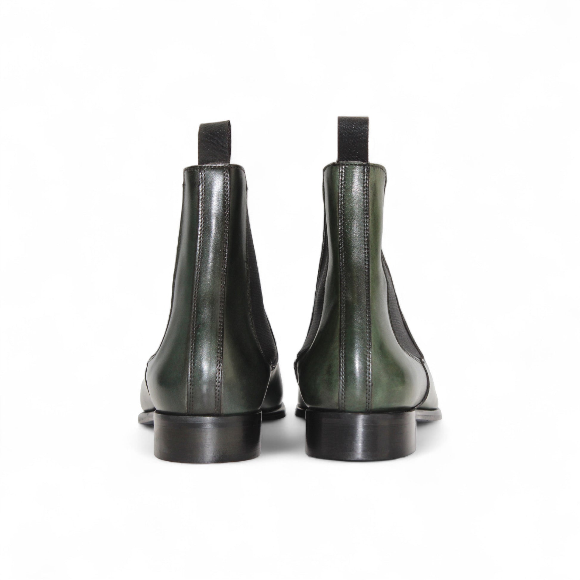 The Duca Empoli Green by Duca Di Matiste is a green genuine leather Chelsea boot with black elastic side panels and a low black heel, shown in side profile on a white background.