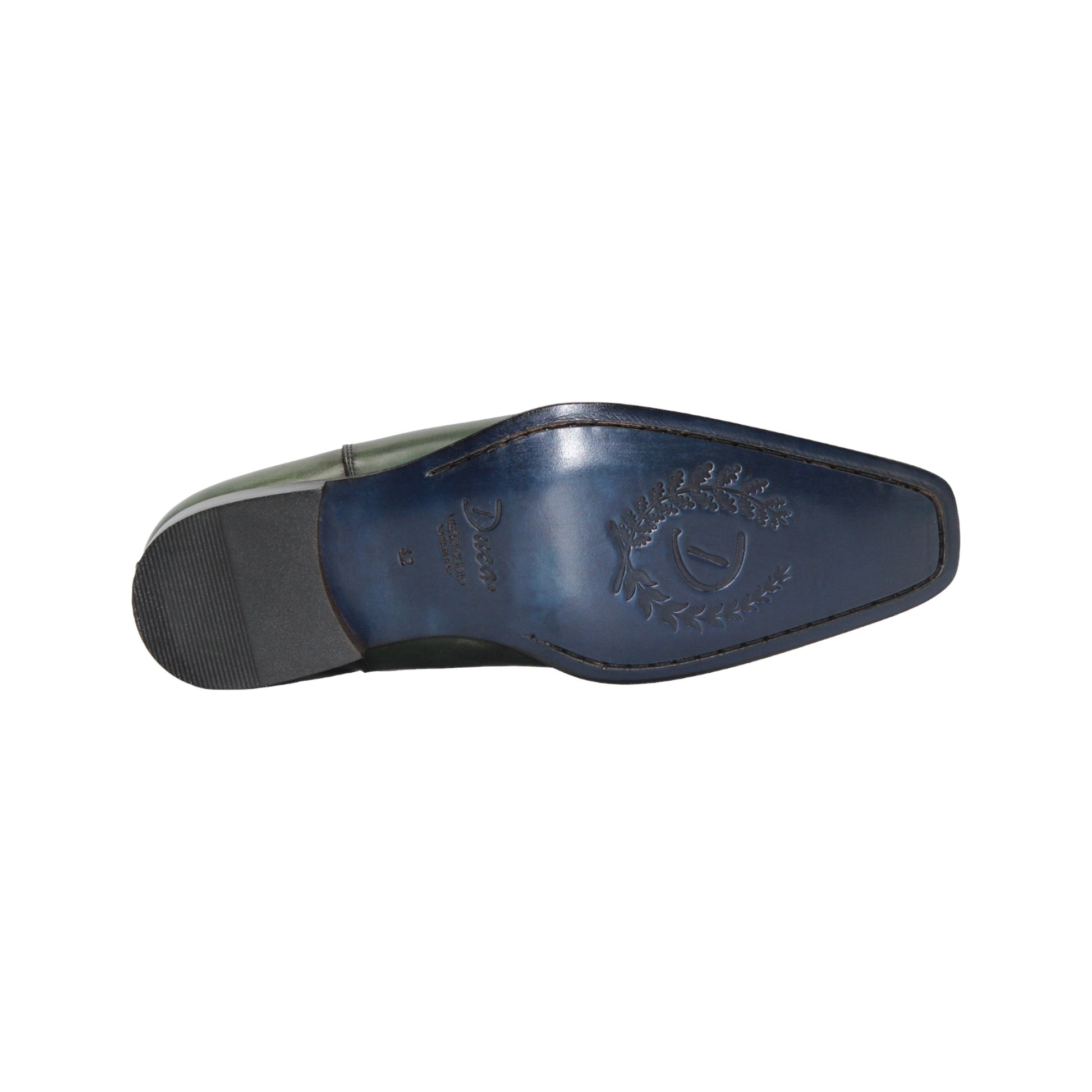 The Duca Empoli Green by Duca Di Matiste is a green genuine leather Chelsea boot with black elastic side panels and a low black heel, shown in side profile on a white background.