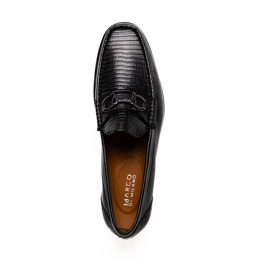 The Enzo Black by Marco Di Milano: black textured genuine lizard loafers with metal bit detail—one upright, one showing a brown sole stamped with "MARCO DI MILANO"—perfect for fans of luxury men's footwear.