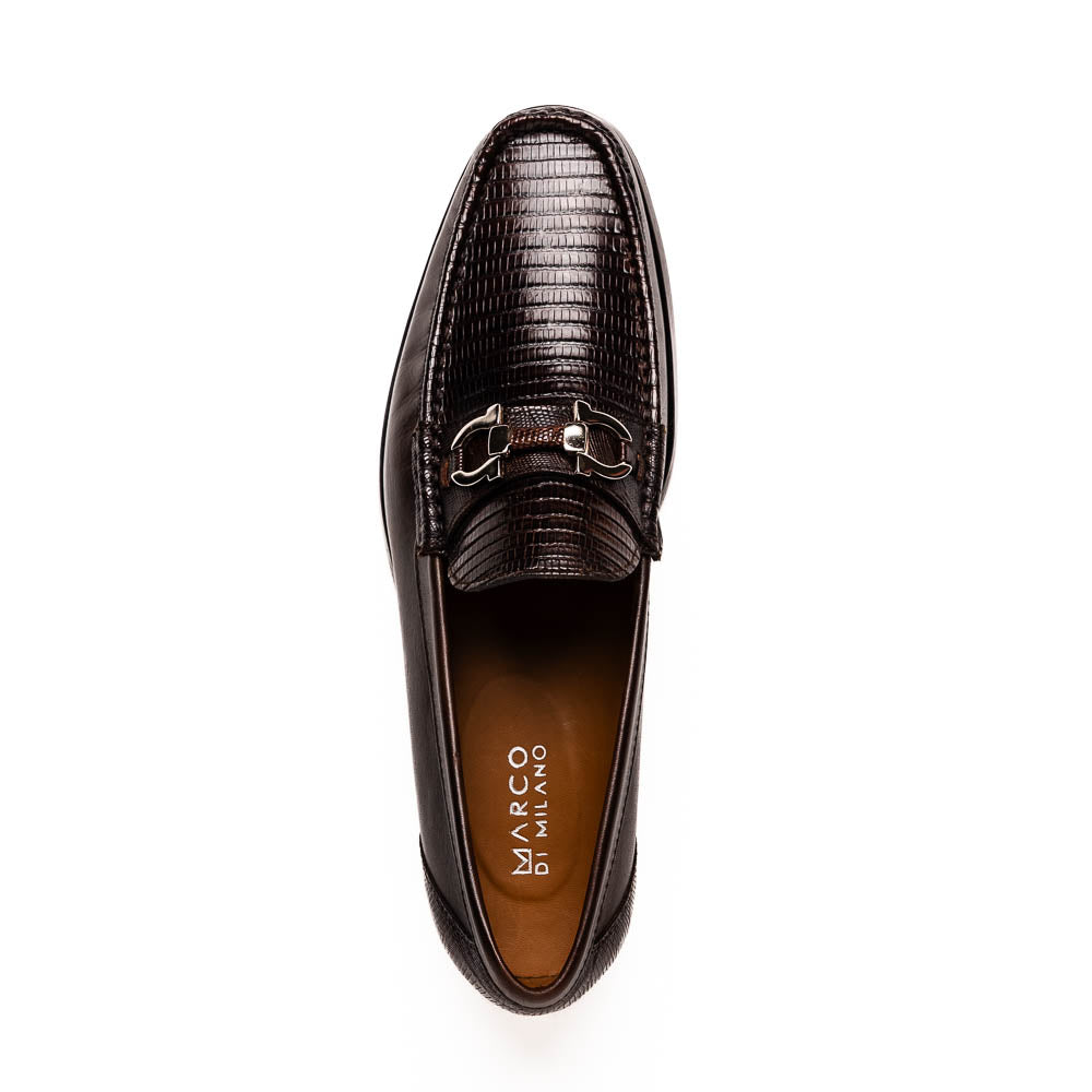 The Enzo Brown by Marco Di Milano features dark brown genuine lizard loafers with textured uppers, a metal buckle, and branded soles—luxurious men's footwear displayed against a white background.