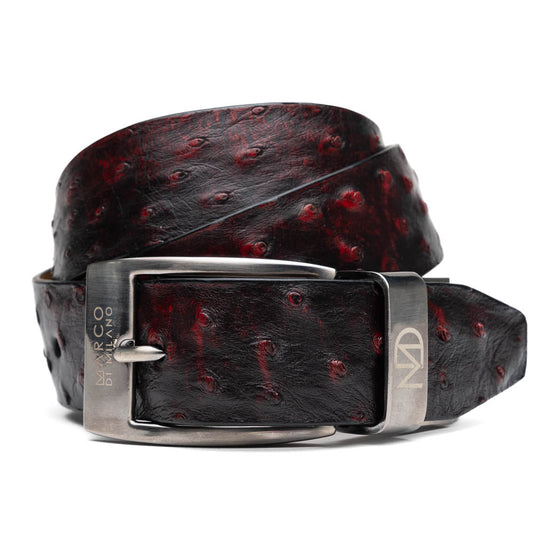 The Domenico Belt Blackcherry by Marco Di Milano features textured dark leather and a silver buckle with the brand's engraved logo—an ideal match for luxury footwear or refined ostrich belts in your collection.
