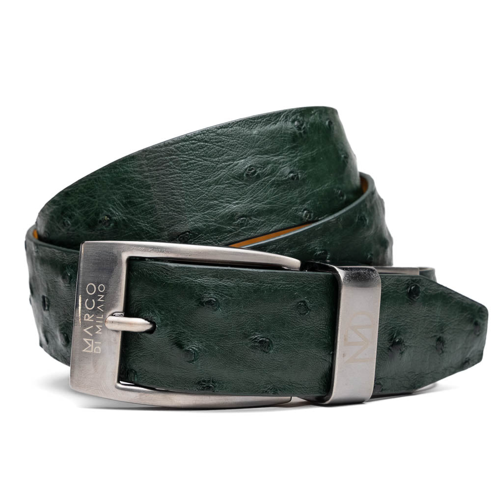 The Domenico Belt Forest Green by Marco Di Milano features textured ostrich leather and a silver buckle—an ideal match for your luxury footwear collection.
