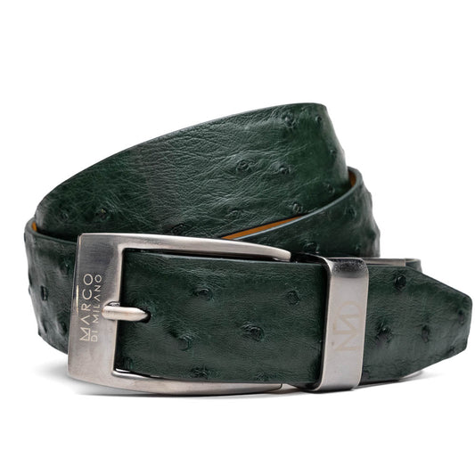 The Domenico Belt Forest Green by Marco Di Milano features textured ostrich leather and a silver buckle—an ideal match for your luxury footwear collection.