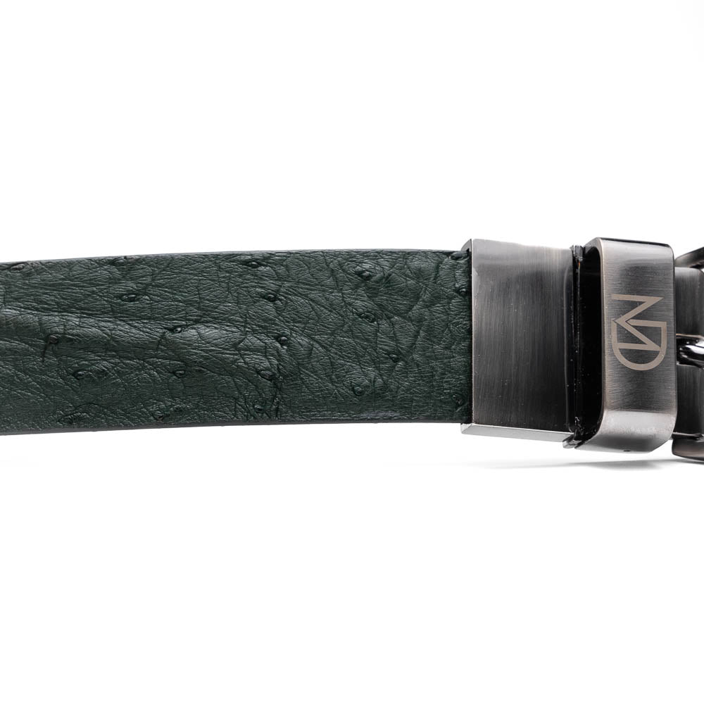 The Domenico Belt Forest Green by Marco Di Milano features textured ostrich leather and a silver buckle—an ideal match for your luxury footwear collection.