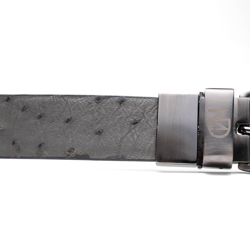 The Domenico Belt Gray by Marco Di Milano is crafted from grey ostrich leather and features a silver buckle engraved with "Marco Di Milano" and the "MD" logo, reflecting the brand's luxurious craftsmanship. Shown coiled on a white background.