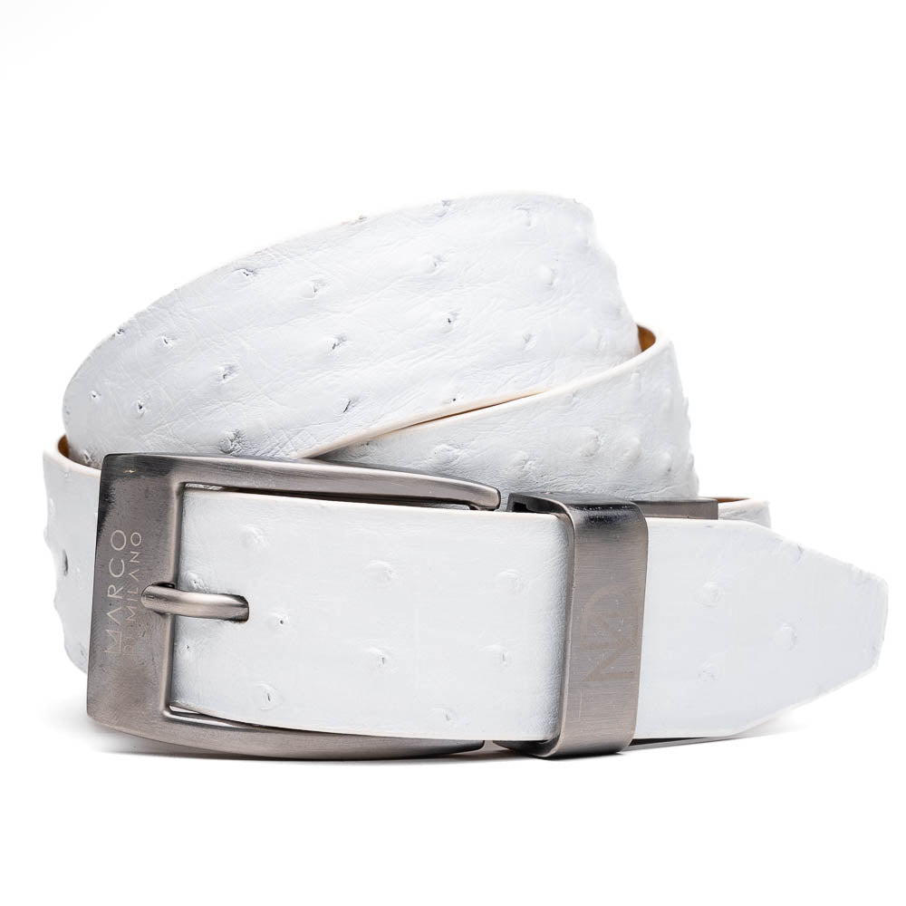 The Domenico Belt White by Marco Di Milano is a white leather belt with a silver buckle, subtle ostrich-inspired texture, and embossed Marco Di Milano branding on the strap and buckle.