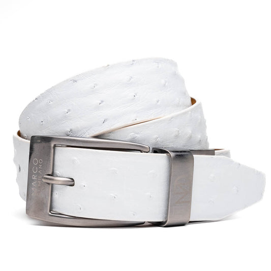 The Domenico Belt White by Marco Di Milano is a white leather belt with a silver buckle, subtle ostrich-inspired texture, and embossed Marco Di Milano branding on the strap and buckle.